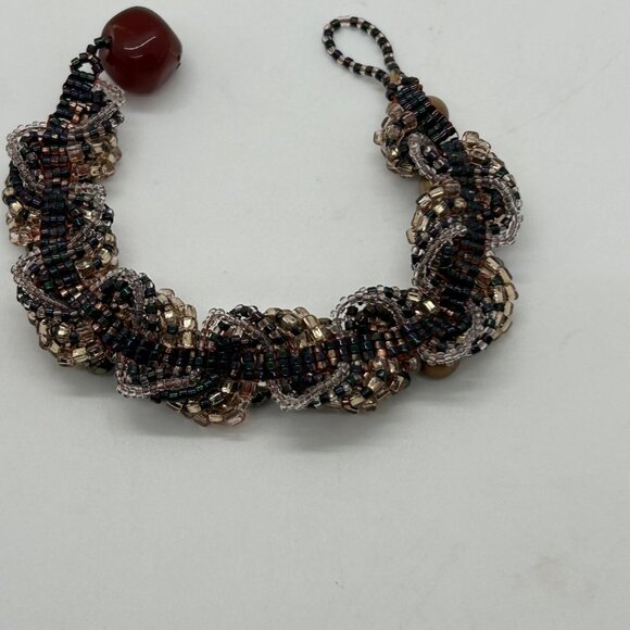 Vintage Woven Beaded Bracelet With Freshwater Pearls & Carnelian Bead Accent - Picture 7 of 14